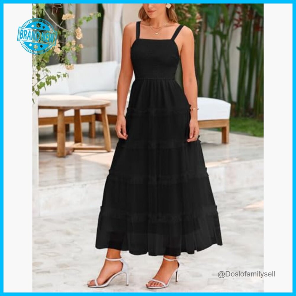 Sleeveless Smocked Tiered Ruffle Tulle A-Line Maxi Dress Elegant Boho Wedding - Picture 2 of 7